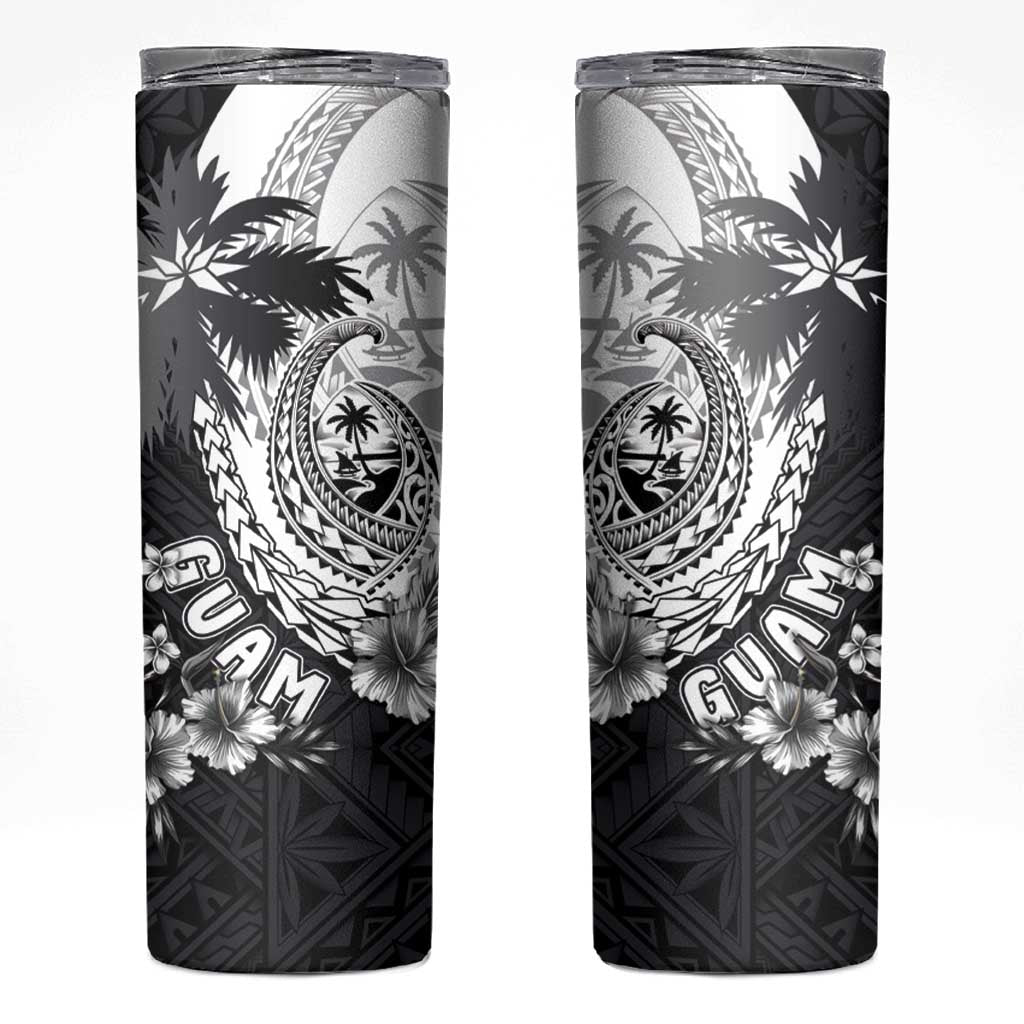 Hafa Adai Guam Skinny Tumbler Polynesian Palm Tree Tattoo Hibiscus and Plumeria Art LT03 Black - Polynesian Pride