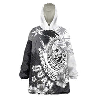 Hafa Adai Guam Wearable Blanket Hoodie Polynesian Palm Tree Tattoo Hibiscus and Plumeria Art LT03 One Size Black - Polynesian Pride