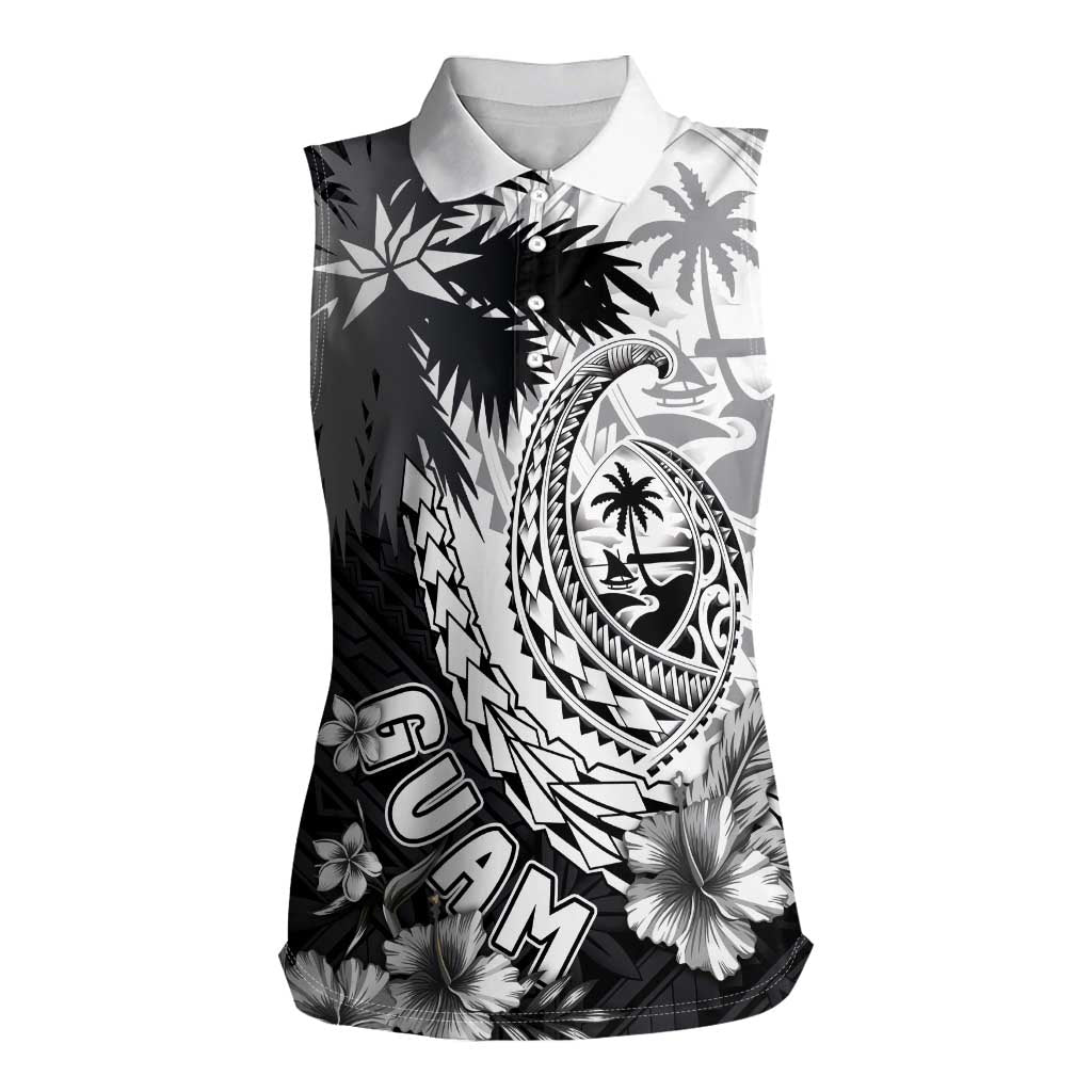 Hafa Adai Guam Women Sleeveless Polo Shirt Polynesian Palm Tree Tattoo Hibiscus and Plumeria Art LT03 Female Black - Polynesian Pride
