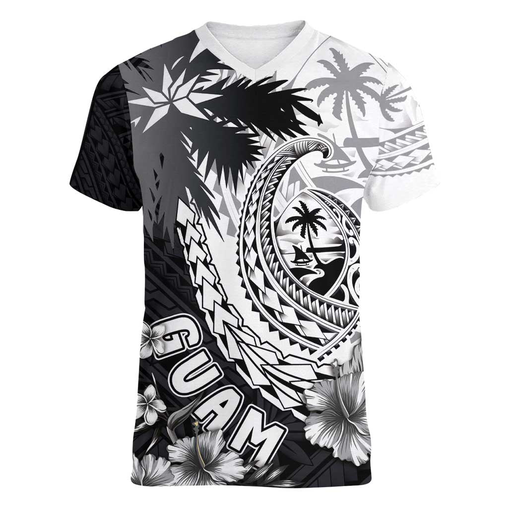 Hafa Adai Guam Women V-Neck T-Shirt Polynesian Palm Tree Tattoo Hibiscus and Plumeria Art LT03 Female Black - Polynesian Pride