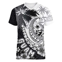 Hafa Adai Guam Women V-Neck T-Shirt Polynesian Palm Tree Tattoo Hibiscus and Plumeria Art LT03 Female Black - Polynesian Pride