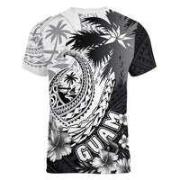 Hafa Adai Guam Women V-Neck T-Shirt Polynesian Palm Tree Tattoo Hibiscus and Plumeria Art LT03 - Polynesian Pride