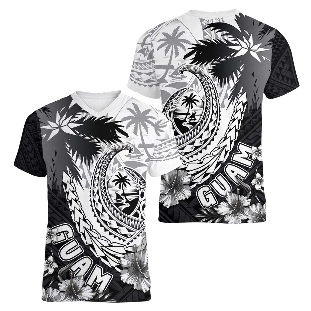 Hafa Adai Guam Women V-Neck T-Shirt Polynesian Palm Tree Tattoo Hibiscus and Plumeria Art LT03 - Polynesian Pride