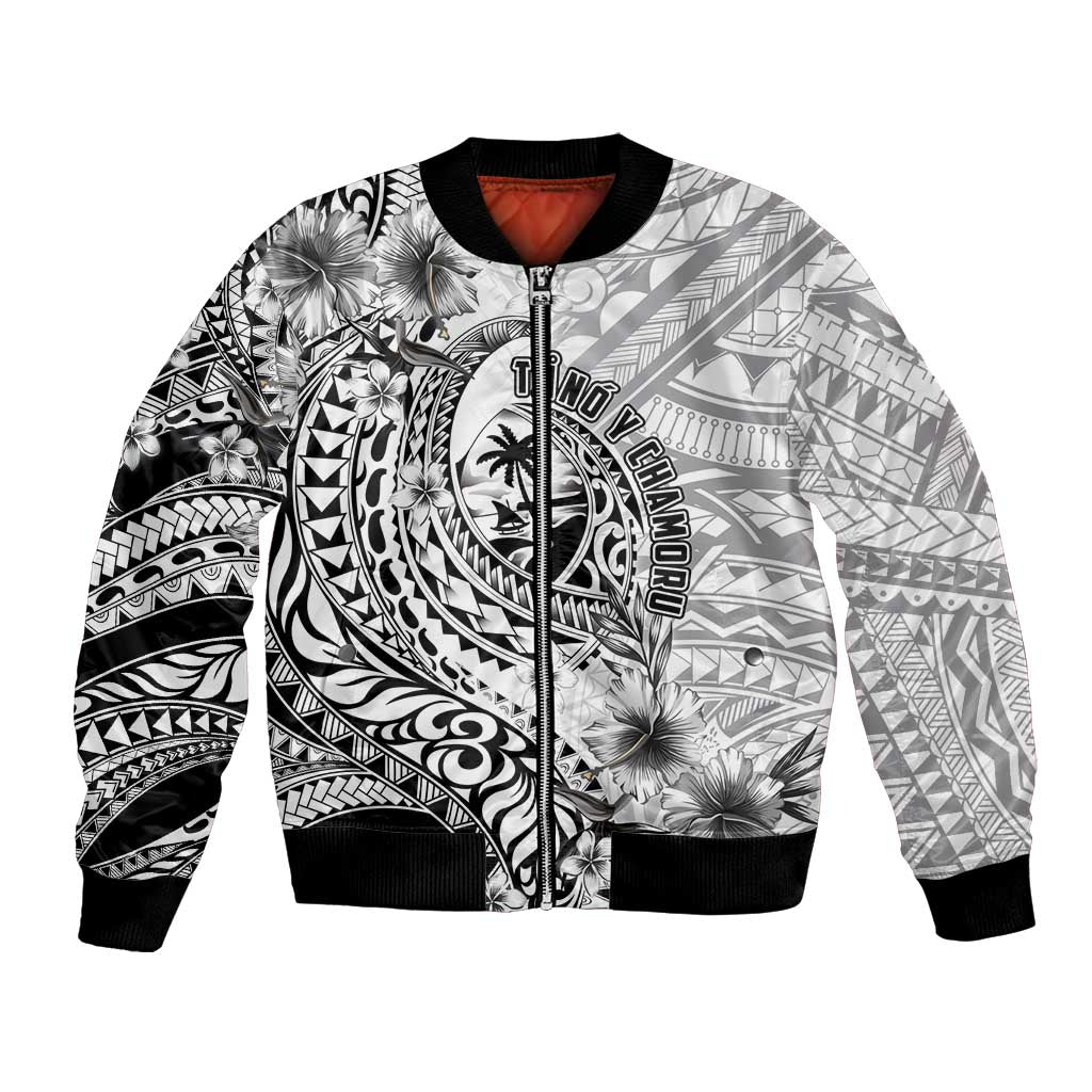 Guam-Land of the Chamorro Bomber Jacket Polynesian Tattoo Style Hibiscus and Plumeria Art LT03 Unisex Black - Polynesian Pride
