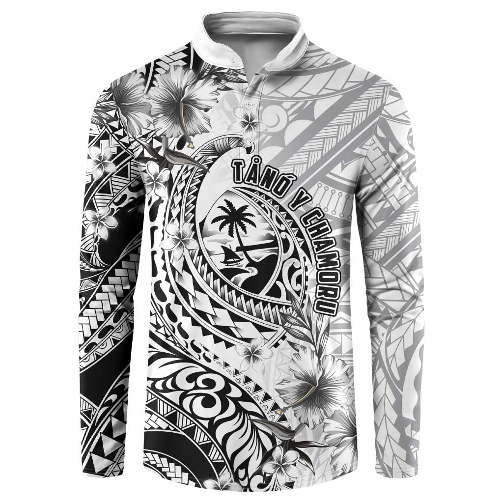 Guam-Land of the Chamorro Button Sweatshirt Polynesian Tattoo Style Hibiscus and Plumeria Art LT03 Black - Polynesian Pride