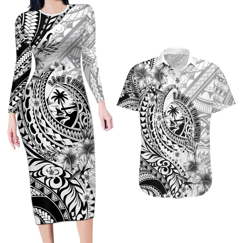 Guam-Land of the Chamorro Couples Matching Long Sleeve Bodycon Dress and Hawaiian Shirt Polynesian Tattoo Style Hibiscus and Plumeria Art LT03 Black - Polynesian Pride