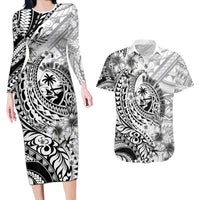 Guam-Land of the Chamorro Couples Matching Long Sleeve Bodycon Dress and Hawaiian Shirt Polynesian Tattoo Style Hibiscus and Plumeria Art LT03 Black - Polynesian Pride