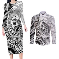 Guam-Land of the Chamorro Couples Matching Long Sleeve Bodycon Dress and Long Sleeve Button Shirt Polynesian Tattoo Style Hibiscus and Plumeria Art LT03 Black - Polynesian Pride