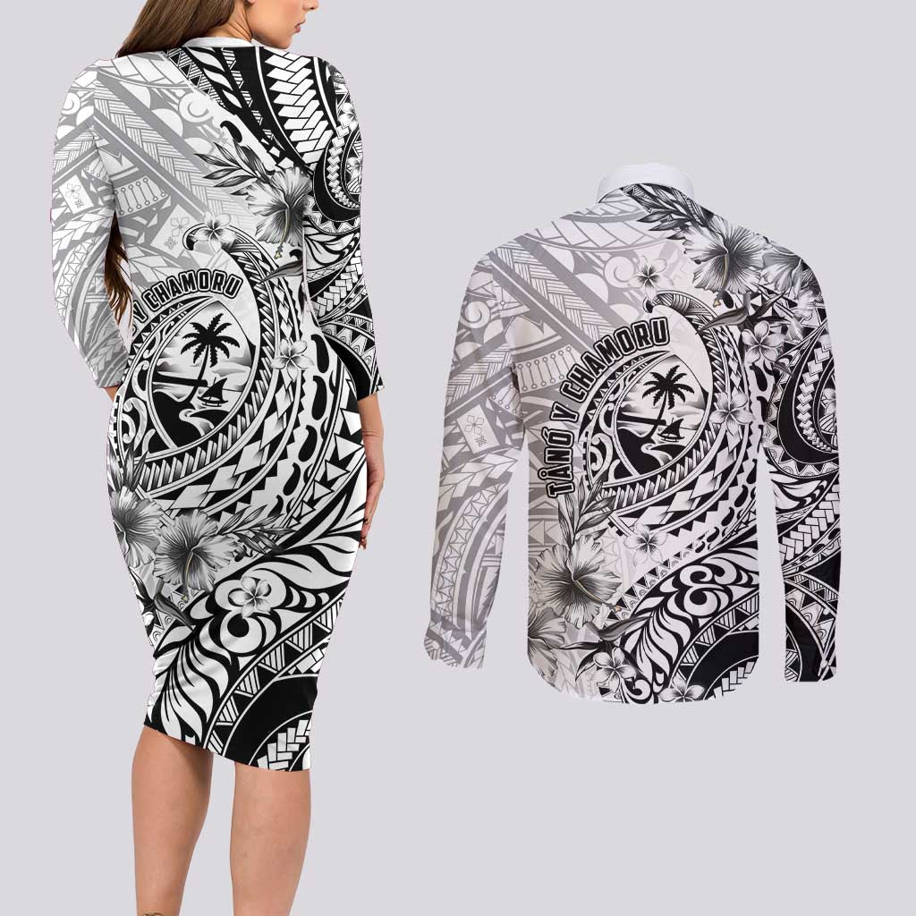 Guam-Land of the Chamorro Couples Matching Long Sleeve Bodycon Dress and Long Sleeve Button Shirt Polynesian Tattoo Style Hibiscus and Plumeria Art LT03 - Polynesian Pride