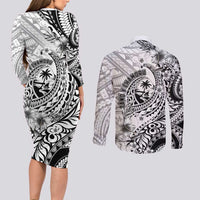 Guam-Land of the Chamorro Couples Matching Long Sleeve Bodycon Dress and Long Sleeve Button Shirt Polynesian Tattoo Style Hibiscus and Plumeria Art LT03 - Polynesian Pride