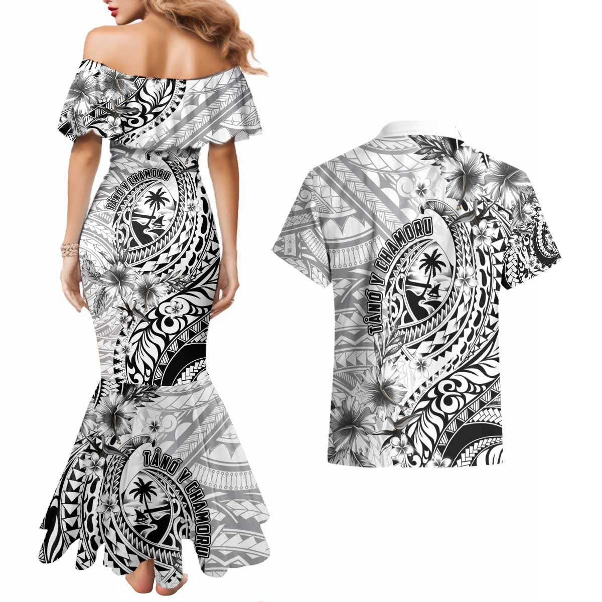 Guam-Land of the Chamorro Couples Matching Mermaid Dress and Hawaiian Shirt Polynesian Tattoo Style Hibiscus and Plumeria Art LT03 - Polynesian Pride