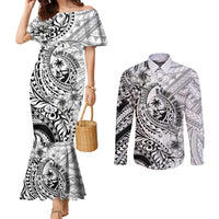 Guam-Land of the Chamorro Couples Matching Mermaid Dress and Long Sleeve Button Shirt Polynesian Tattoo Style Hibiscus and Plumeria Art LT03 Black - Polynesian Pride