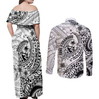 Guam-Land of the Chamorro Couples Matching Off Shoulder Maxi Dress and Long Sleeve Button Shirt Polynesian Tattoo Style Hibiscus and Plumeria Art LT03 - Polynesian Pride
