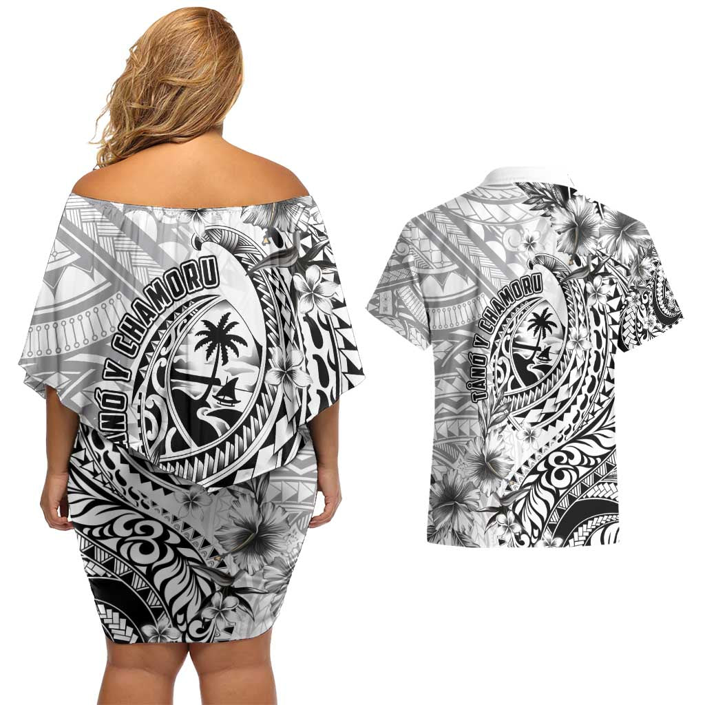 Guam-Land of the Chamorro Couples Matching Off Shoulder Short Dress and Hawaiian Shirt Polynesian Tattoo Style Hibiscus and Plumeria Art LT03 - Polynesian Pride