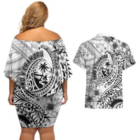 Guam-Land of the Chamorro Couples Matching Off Shoulder Short Dress and Hawaiian Shirt Polynesian Tattoo Style Hibiscus and Plumeria Art LT03 - Polynesian Pride