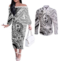 Guam-Land of the Chamorro Couples Matching Off The Shoulder Long Sleeve Dress and Long Sleeve Button Shirt Polynesian Tattoo Style Hibiscus and Plumeria Art LT03 Black - Polynesian Pride
