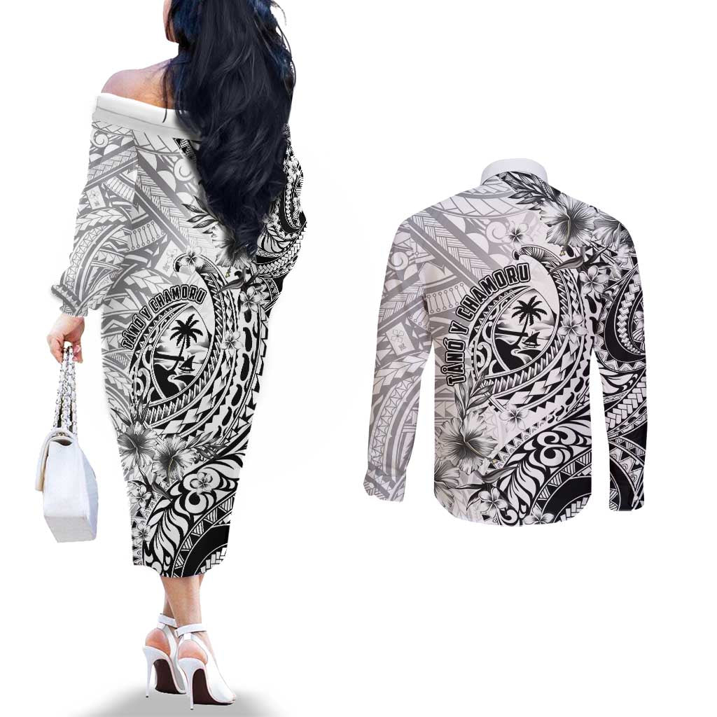 Guam-Land of the Chamorro Couples Matching Off The Shoulder Long Sleeve Dress and Long Sleeve Button Shirt Polynesian Tattoo Style Hibiscus and Plumeria Art LT03 - Polynesian Pride