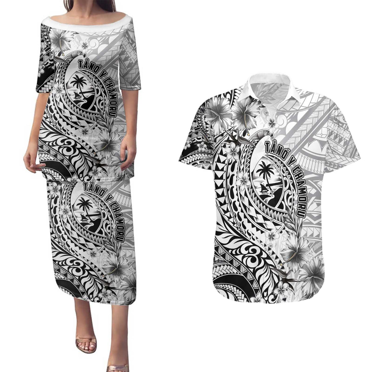 Guam-Land of the Chamorro Couples Matching Puletasi and Hawaiian Shirt Polynesian Tattoo Style Hibiscus and Plumeria Art LT03 Black - Polynesian Pride
