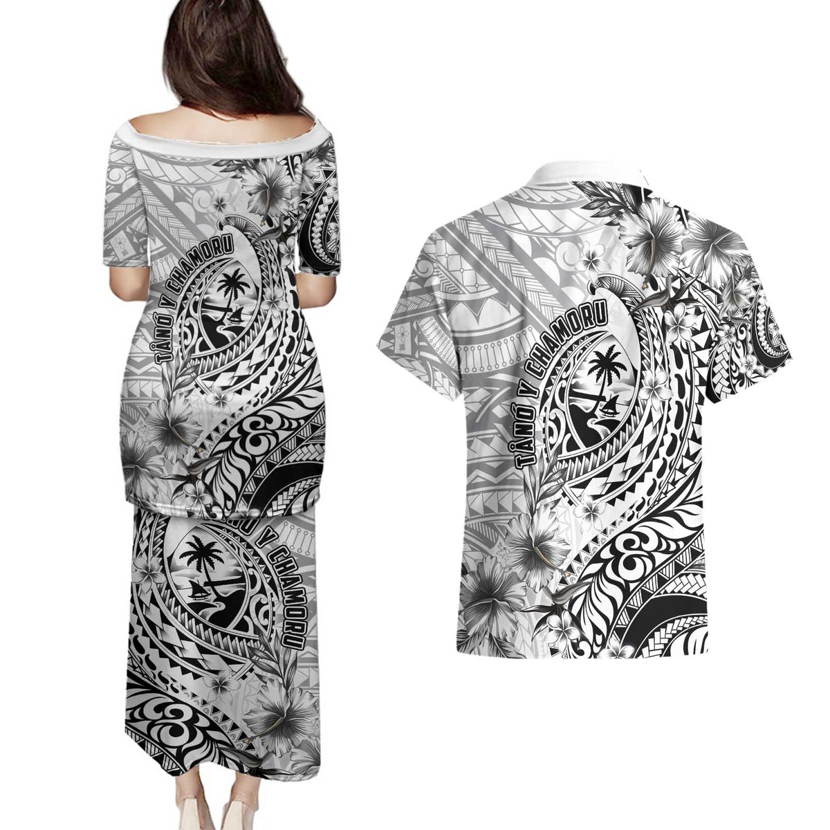 Guam-Land of the Chamorro Couples Matching Puletasi and Hawaiian Shirt Polynesian Tattoo Style Hibiscus and Plumeria Art LT03 - Polynesian Pride