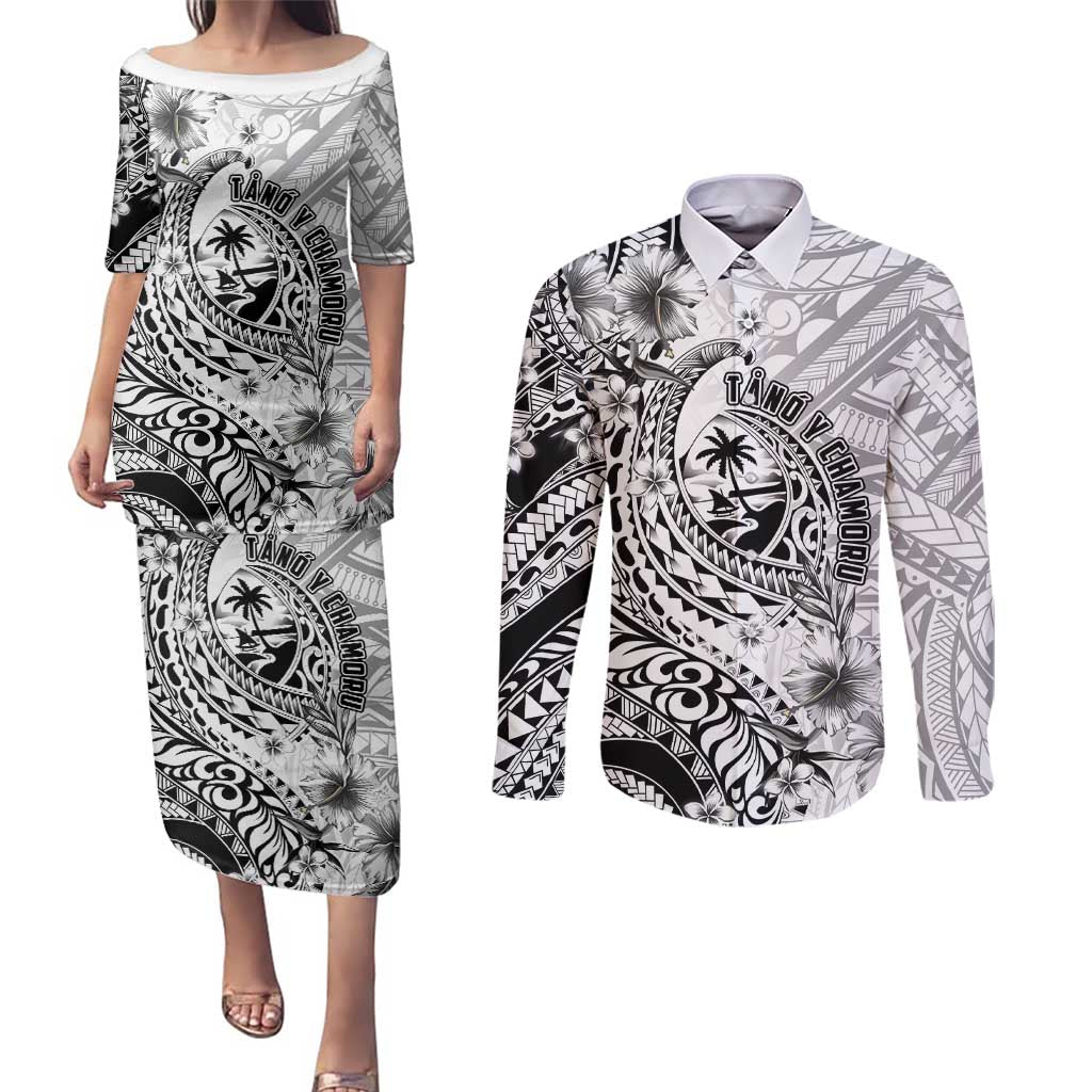 Guam-Land of the Chamorro Couples Matching Puletasi and Long Sleeve Button Shirt Polynesian Tattoo Style Hibiscus and Plumeria Art LT03 Black - Polynesian Pride
