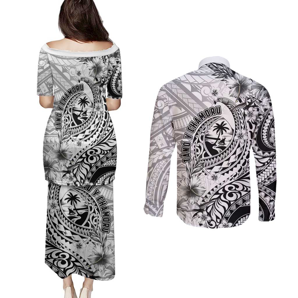 Guam-Land of the Chamorro Couples Matching Puletasi and Long Sleeve Button Shirt Polynesian Tattoo Style Hibiscus and Plumeria Art LT03 - Polynesian Pride