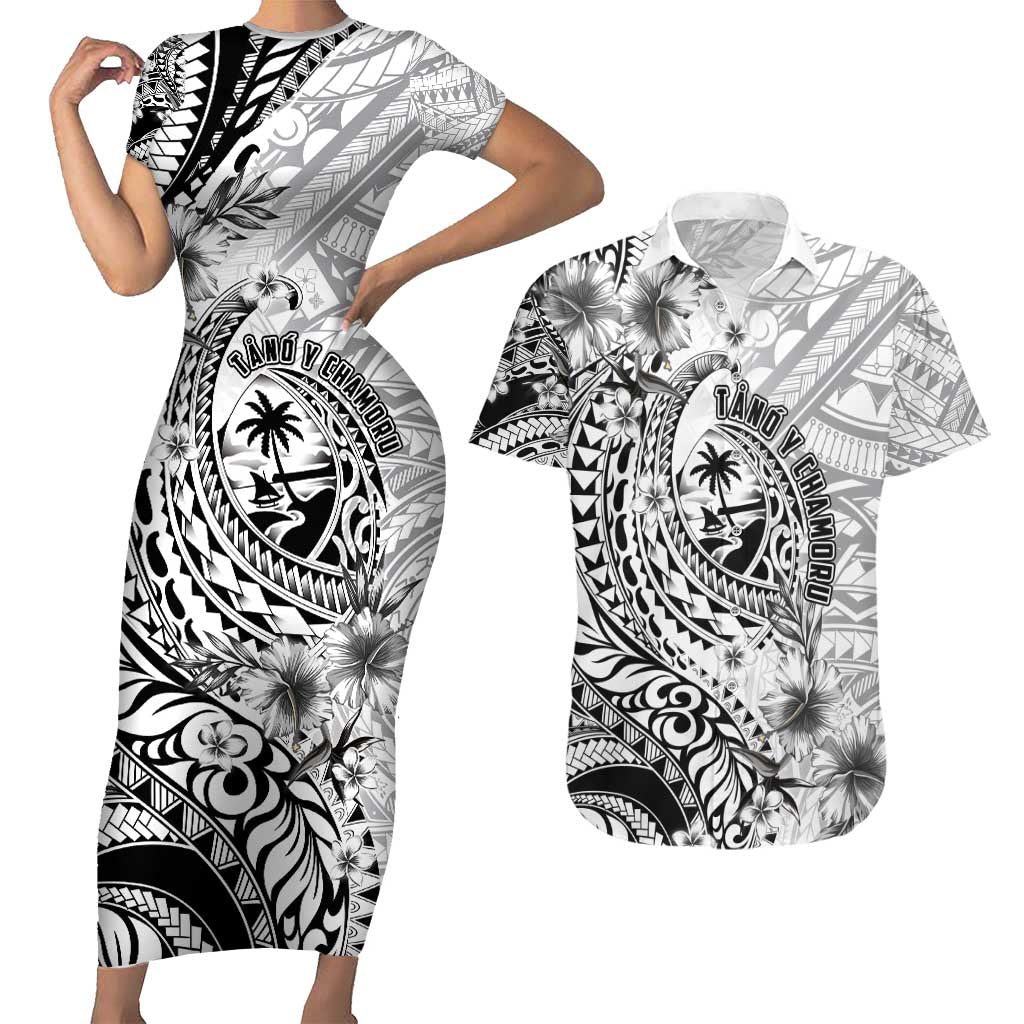 Guam-Land of the Chamorro Couples Matching Short Sleeve Bodycon Dress and Hawaiian Shirt Polynesian Tattoo Style Hibiscus and Plumeria Art LT03 Black - Polynesian Pride