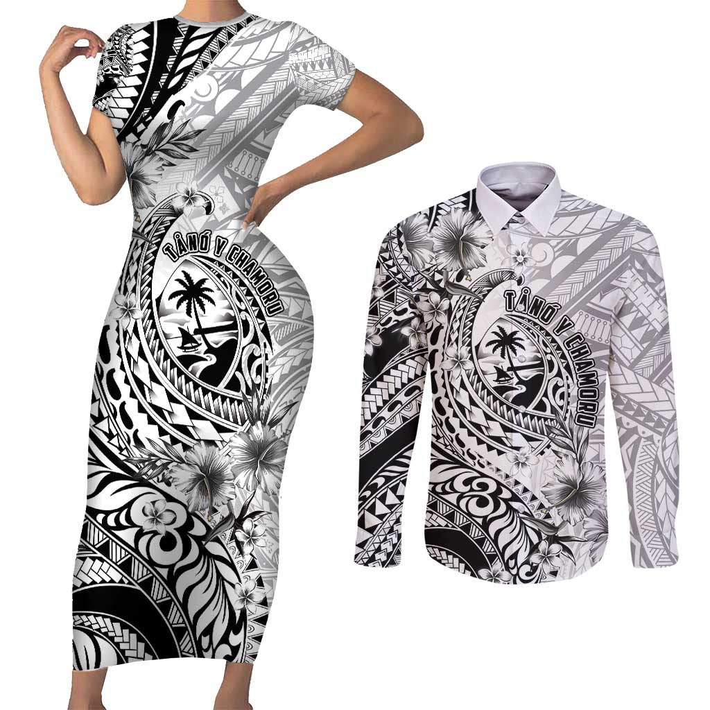 Guam-Land of the Chamorro Couples Matching Short Sleeve Bodycon Dress and Long Sleeve Button Shirt Polynesian Tattoo Style Hibiscus and Plumeria Art LT03 Black - Polynesian Pride