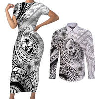 Guam-Land of the Chamorro Couples Matching Short Sleeve Bodycon Dress and Long Sleeve Button Shirt Polynesian Tattoo Style Hibiscus and Plumeria Art LT03 Black - Polynesian Pride