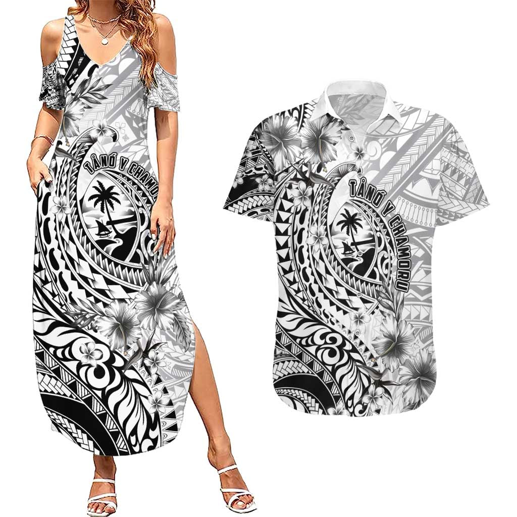 Guam-Land of the Chamorro Couples Matching Summer Maxi Dress and Hawaiian Shirt Polynesian Tattoo Style Hibiscus and Plumeria Art LT03 Black - Polynesian Pride