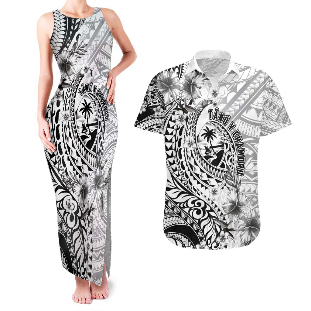 Guam-Land of the Chamorro Couples Matching Tank Maxi Dress and Hawaiian Shirt Polynesian Tattoo Style Hibiscus and Plumeria Art LT03 Black - Polynesian Pride