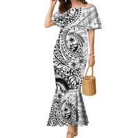 Guam-Land of the Chamorro Family Matching Mermaid Dress and Hawaiian Shirt Polynesian Tattoo Style Hibiscus and Plumeria Art LT03 Mom's Dress Black - Polynesian Pride