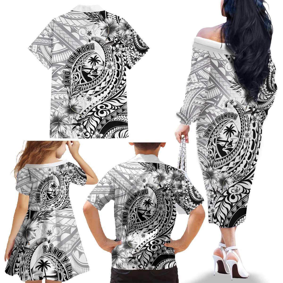 Guam-Land of the Chamorro Family Matching Off The Shoulder Long Sleeve Dress and Hawaiian Shirt Polynesian Tattoo Style Hibiscus and Plumeria Art LT03 - Polynesian Pride