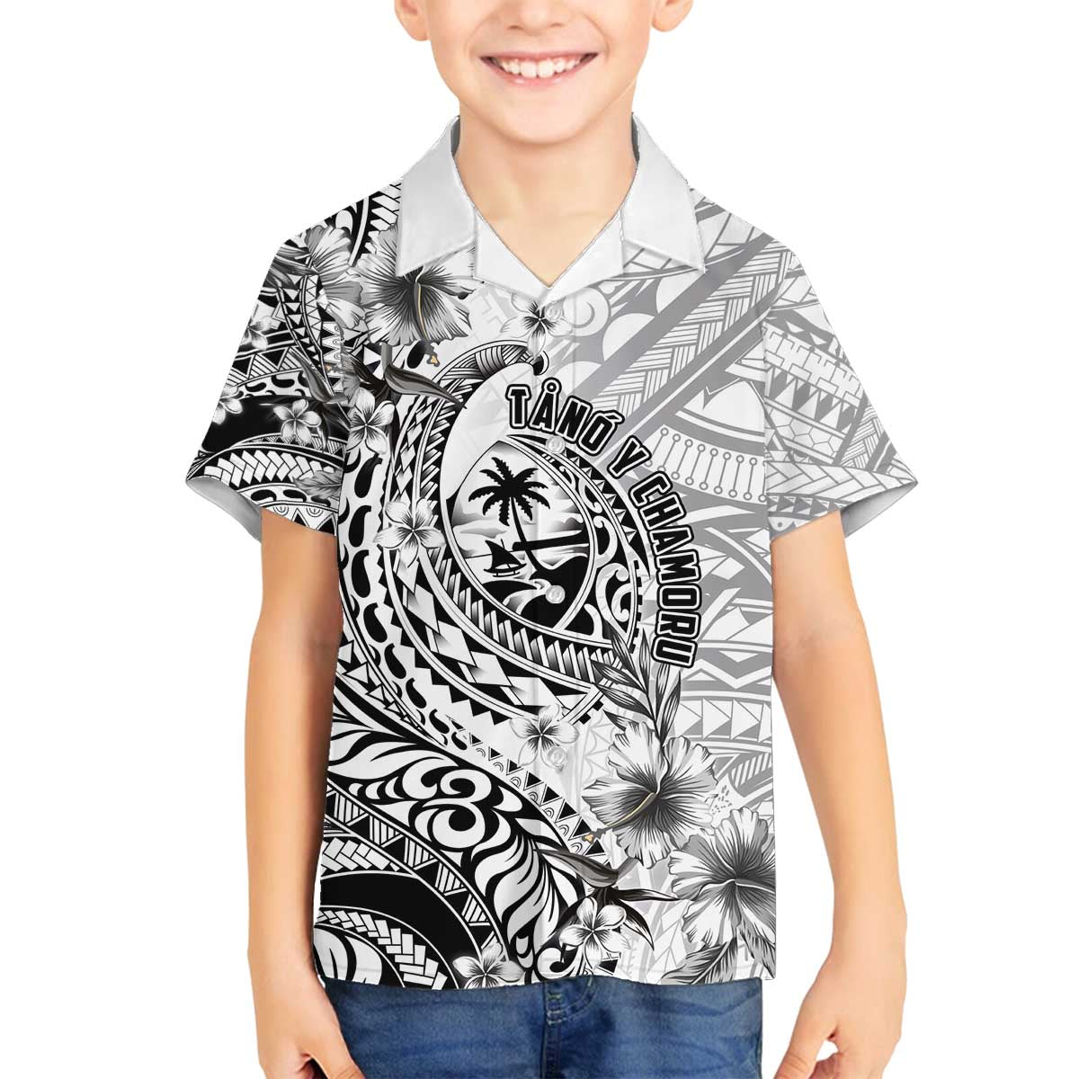 Guam-Land of the Chamorro Family Matching Off The Shoulder Long Sleeve Dress and Hawaiian Shirt Polynesian Tattoo Style Hibiscus and Plumeria Art LT03 Son's Shirt Black - Polynesian Pride
