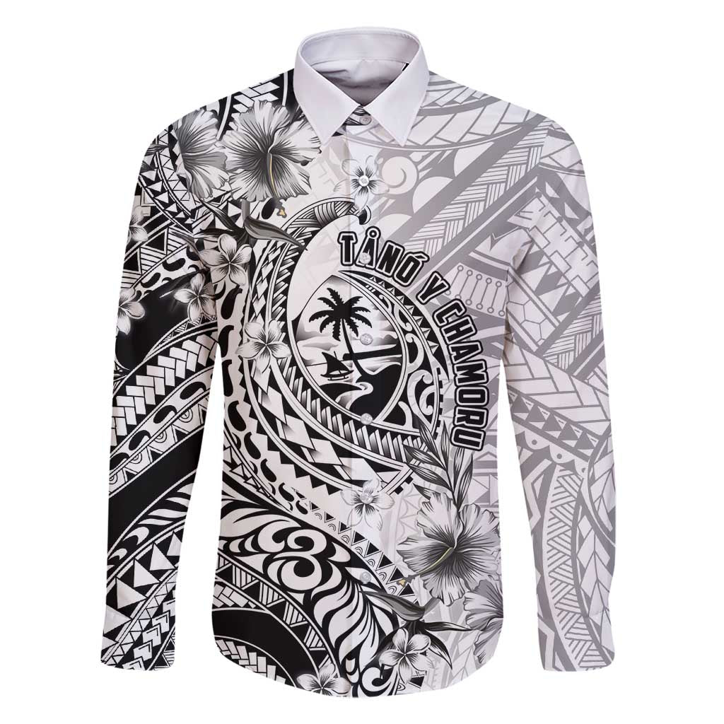 Guam-Land of the Chamorro Family Matching Off Shoulder Short Dress and Hawaiian Shirt Polynesian Tattoo Style Hibiscus and Plumeria Art LT03 Dad's Shirt - Long Sleeve Black - Polynesian Pride
