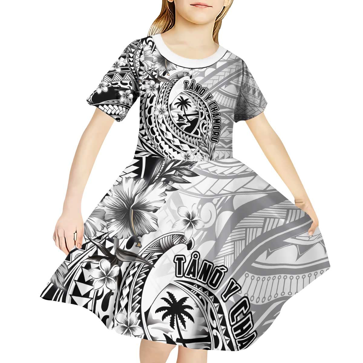 Guam-Land of the Chamorro Kid Short Sleeve Dress Polynesian Tattoo Style Hibiscus and Plumeria Art LT03 - Polynesian Pride