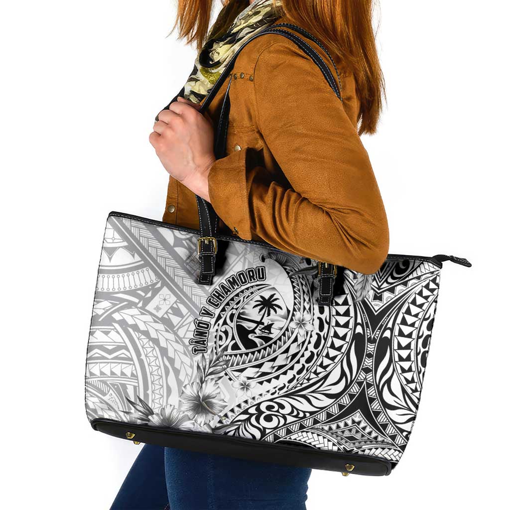 Guam-Land of the Chamorro Leather Tote Bag Polynesian Tattoo Style Hibiscus and Plumeria Art LT03 Black - Polynesian Pride