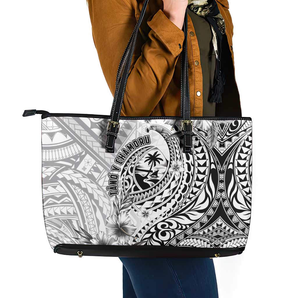 Guam-Land of the Chamorro Leather Tote Bag Polynesian Tattoo Style Hibiscus and Plumeria Art LT03 - Polynesian Pride