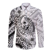 Guam-Land of the Chamorro Long Sleeve Button Shirt Polynesian Tattoo Style Hibiscus and Plumeria Art LT03 Unisex Black - Polynesian Pride