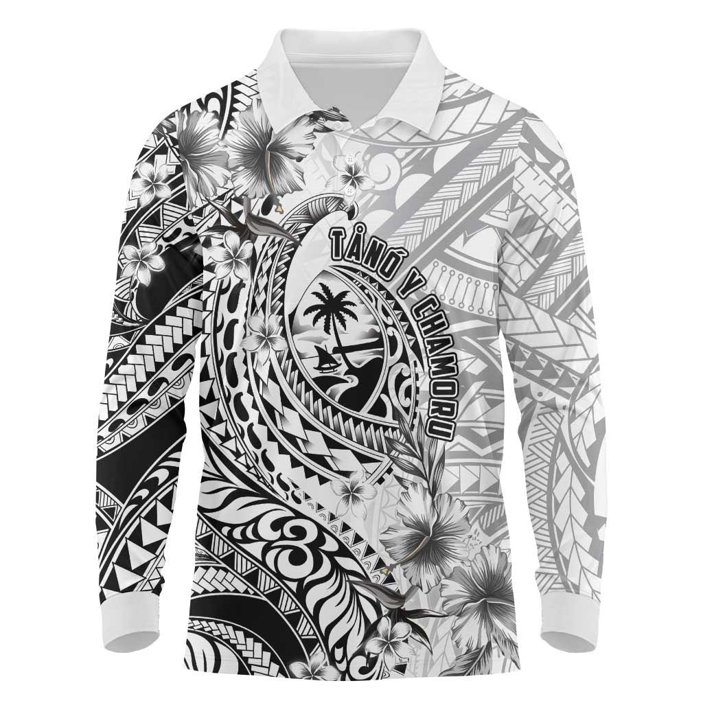 Guam-Land of the Chamorro Long Sleeve Polo Shirt Polynesian Tattoo Style Hibiscus and Plumeria Art LT03 Black - Polynesian Pride