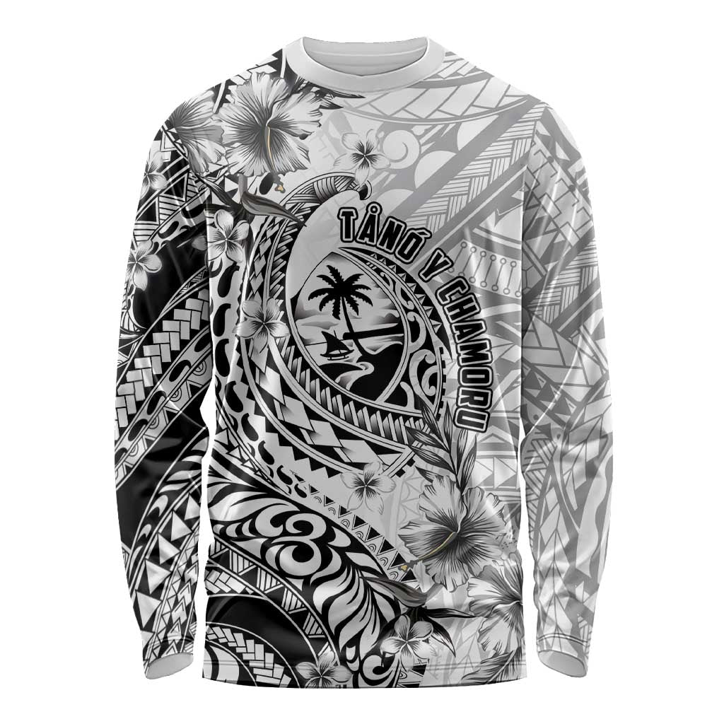Guam-Land of the Chamorro Long Sleeve Shirt Polynesian Tattoo Style Hibiscus and Plumeria Art LT03 Unisex Black - Polynesian Pride