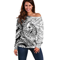 Guam-Land of the Chamorro Off Shoulder Sweater Polynesian Tattoo Style Hibiscus and Plumeria Art LT03 Women Black - Polynesian Pride
