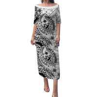 Guam-Land of the Chamorro Puletasi Polynesian Tattoo Style Hibiscus and Plumeria Art LT03 Long Dress Black - Polynesian Pride