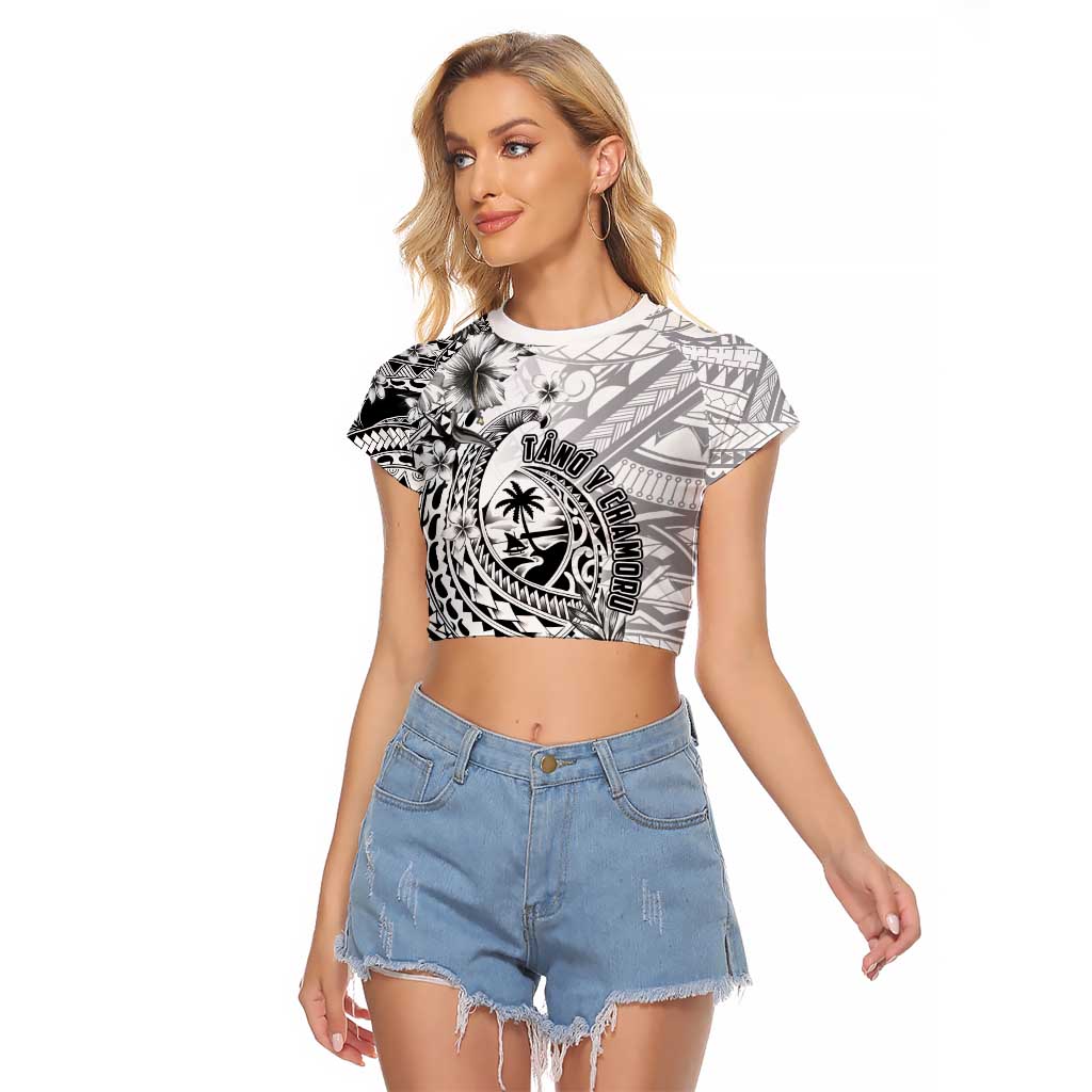 Guam-Land of the Chamorro Raglan Cropped T Shirt Polynesian Tattoo Style Hibiscus and Plumeria Art LT03 Female Black - Polynesian Pride