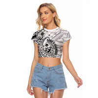 Guam-Land of the Chamorro Raglan Cropped T Shirt Polynesian Tattoo Style Hibiscus and Plumeria Art LT03 Female Black - Polynesian Pride