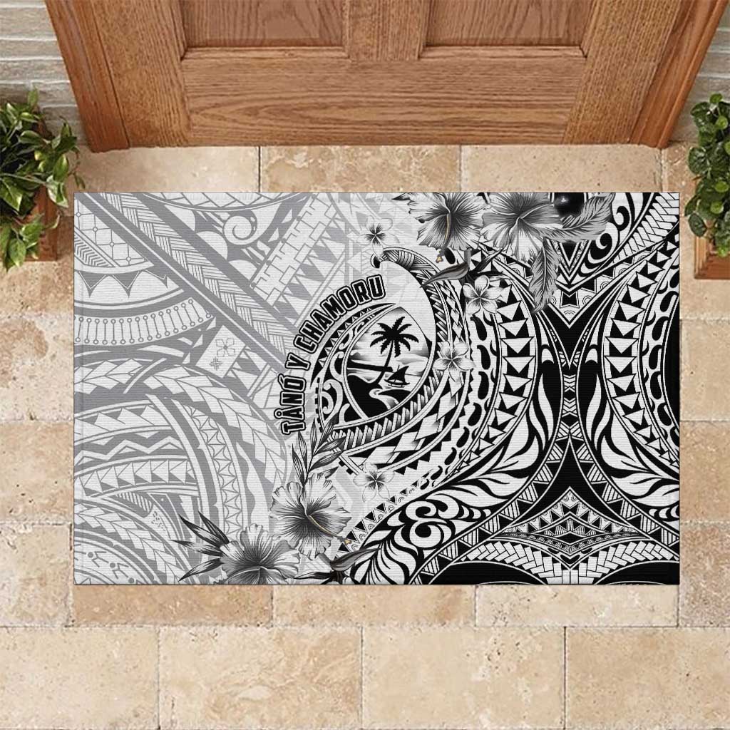 Guam-Land of the Chamorro Rubber Doormat Polynesian Tattoo Style Hibiscus and Plumeria Art LT03 Black - Polynesian Pride