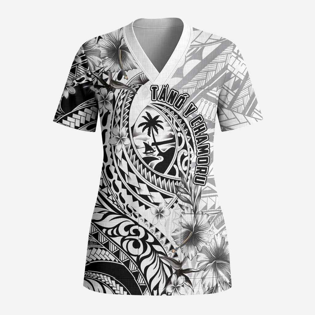 Guam-Land of the Chamorro Scrub Top Polynesian Tattoo Style Hibiscus and Plumeria Art LT03 Adult Black - Polynesian Pride