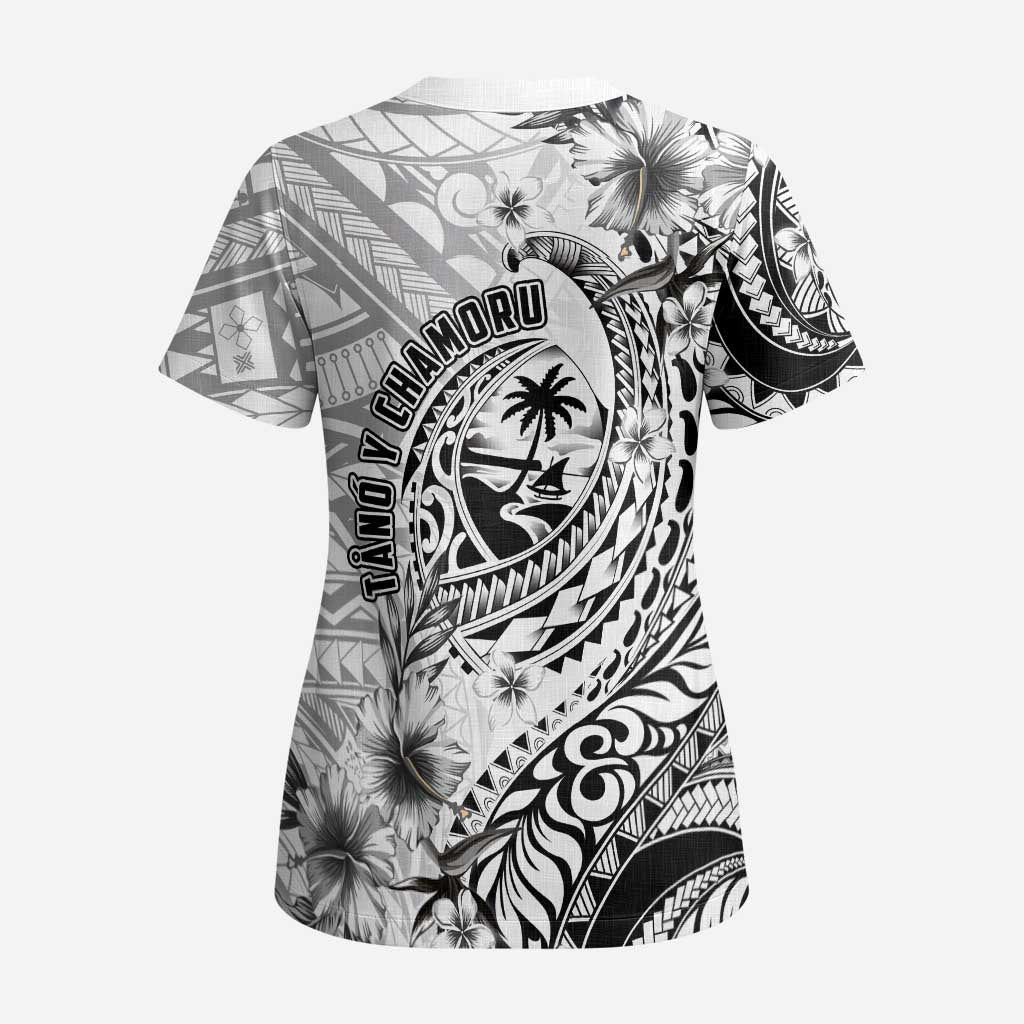 Guam-Land of the Chamorro Scrub Top Polynesian Tattoo Style Hibiscus and Plumeria Art LT03 - Polynesian Pride