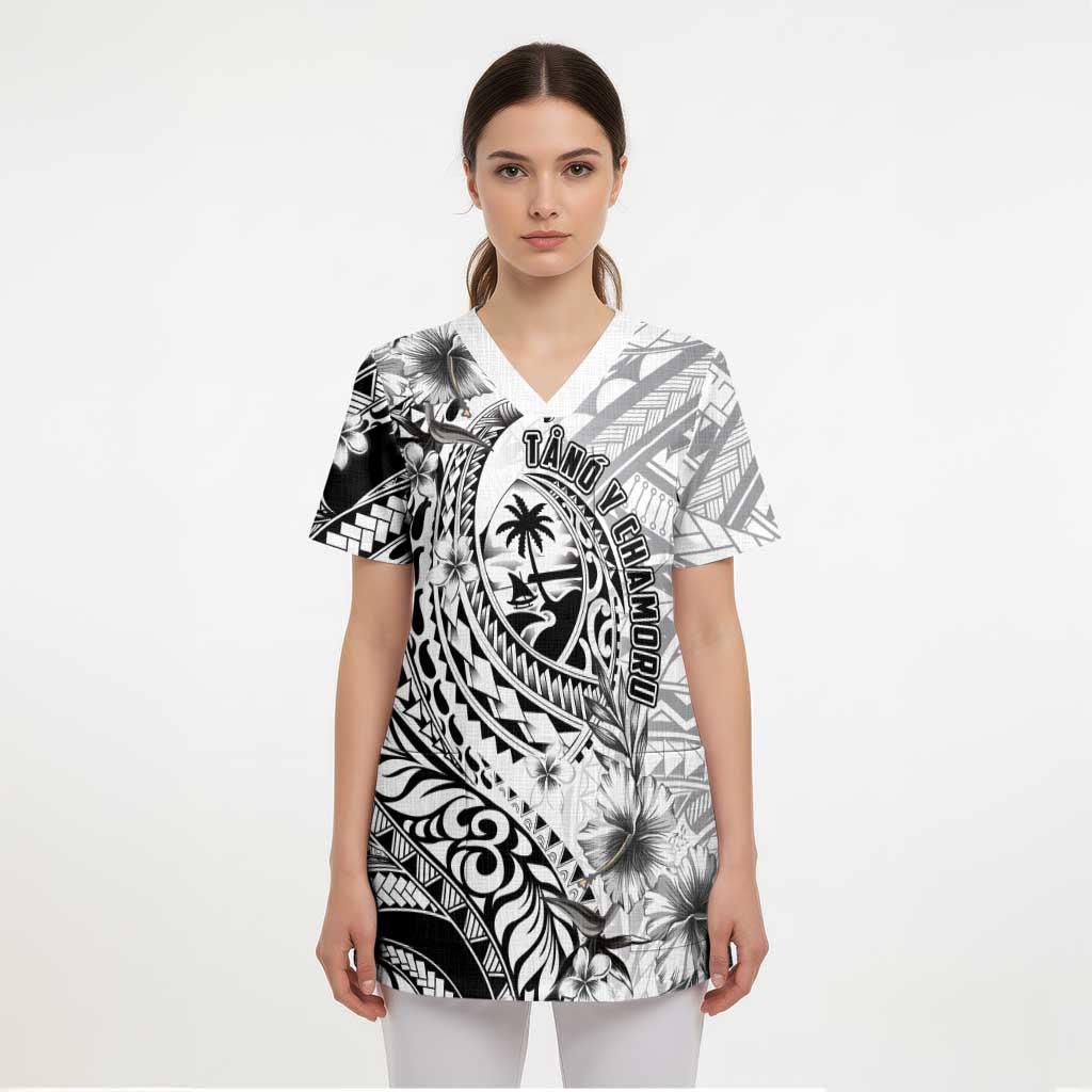 Guam-Land of the Chamorro Scrub Top Polynesian Tattoo Style Hibiscus and Plumeria Art LT03 - Polynesian Pride