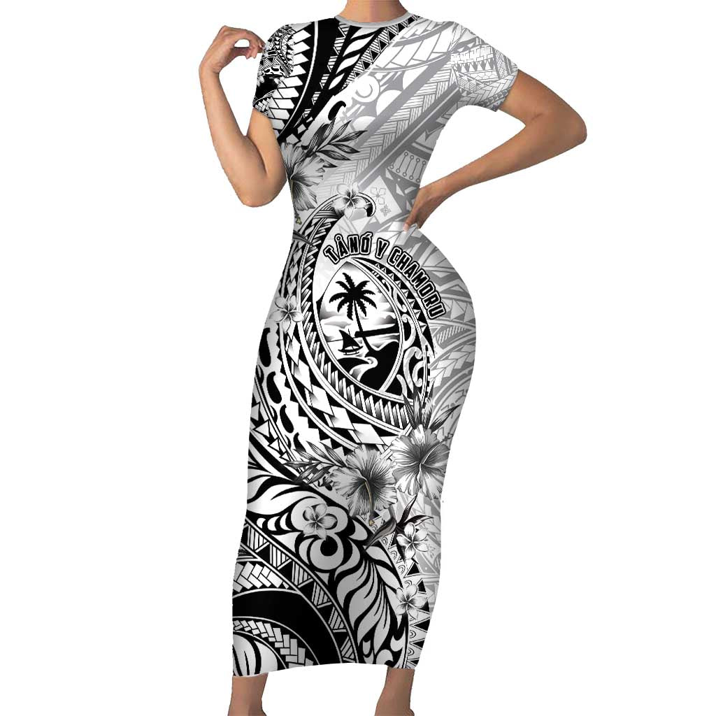 Guam-Land of the Chamorro Short Sleeve Bodycon Dress Polynesian Tattoo Style Hibiscus and Plumeria Art LT03 Long Dress Black - Polynesian Pride