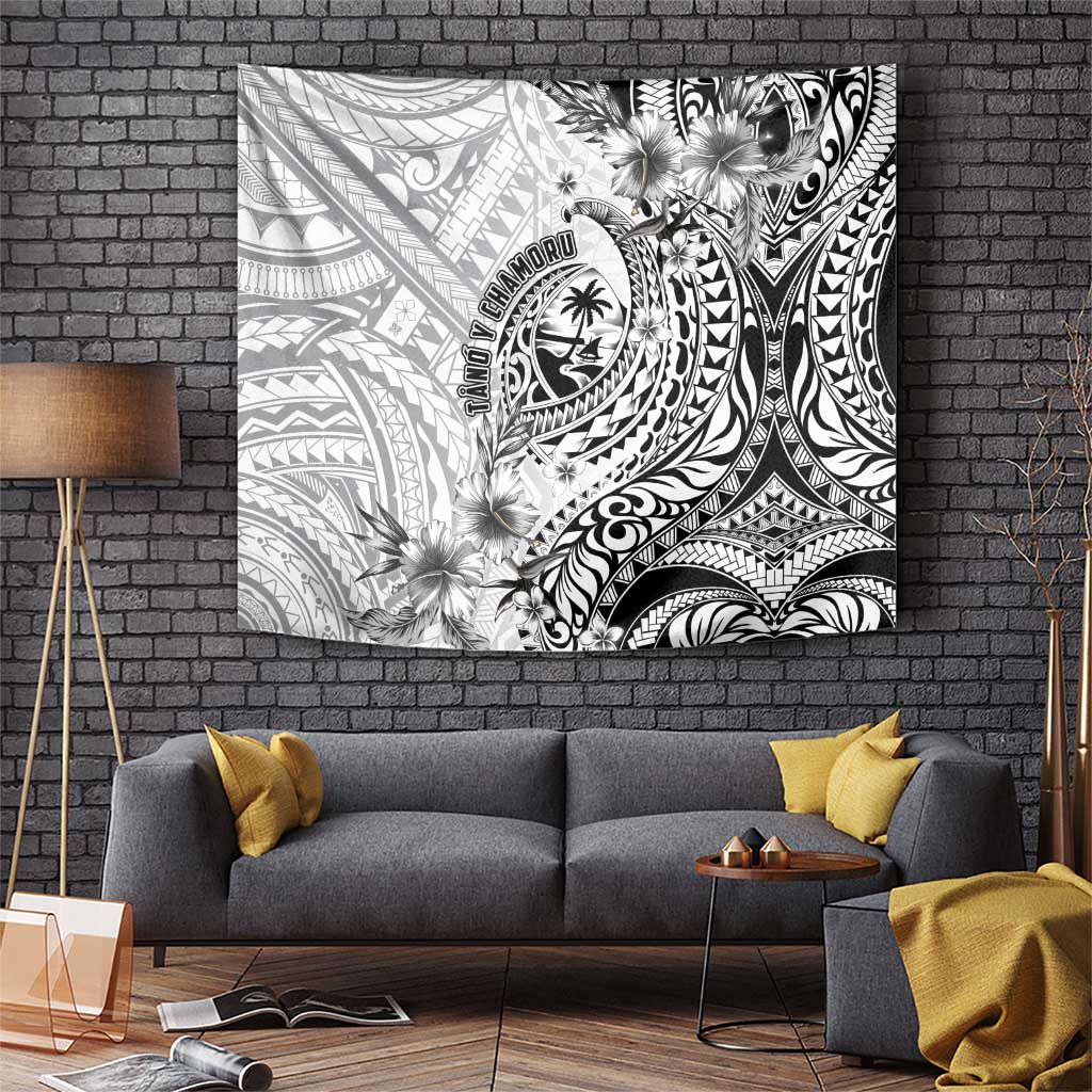 Guam-Land of the Chamorro Tapestry Polynesian Tattoo Style Hibiscus and Plumeria Art LT03 Black - Polynesian Pride